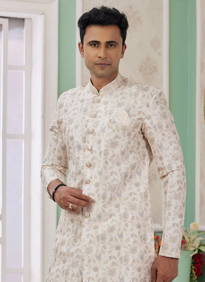 Raivat Ethnic Banarasi Jacquard Embroidery Indo Western Sherwani In Cream Colour