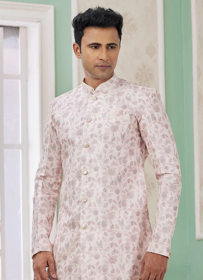 Raivat Ethnic Banarasi Jacquard Embroidery Indo Western Sherwani In Pink Colour