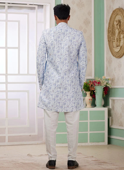 Raivat Ethnic Banarasi Jacquard Embroidery Indo Western Sherwani In Blue Colour