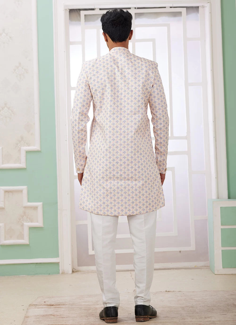 Raivat Ethnic Banarasi Jacquard Embroidery Indo Western Sherwani In Cream Blue Colour
