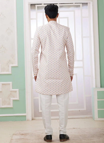 Raivat Ethnic Banarasi Jacquard Embroidery Indo Western Sherwani In Cream Blue Colour