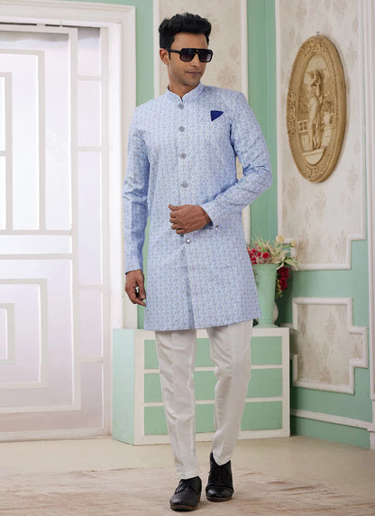 Raivat Ethnic Banarasi Jacquard Embroidery Indo Western Sherwani In Blue Colour
