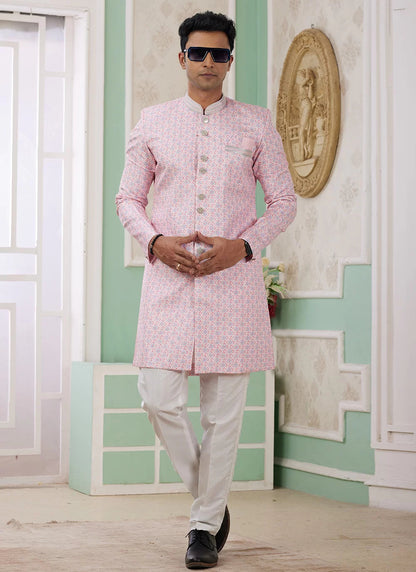 Raivat Ethnic Banarasi Jacquard Embroidery Indo Western Sherwani In Pink Colour