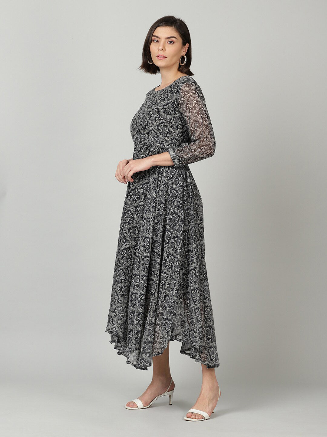Souchii Women Grey & Black Ethnic Motifs Chiffon A-Line Midi Dress