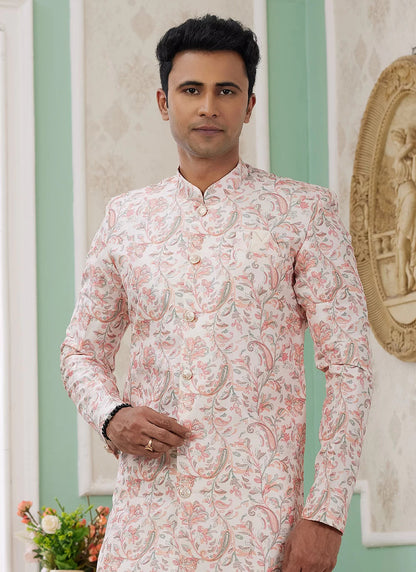 Raivat Ethnic Banarasi Jacquard Embroidery Indo Western Sherwani In Peach Colour