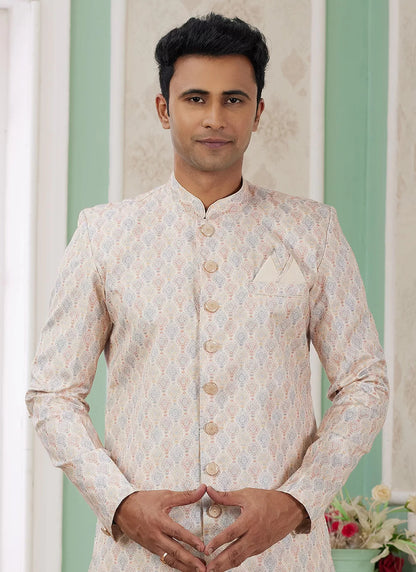 Raivat Ethnic Banarasi Jacquard Embroidery Indo Western Sherwani In Beige Colour