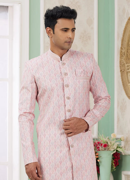 Raivat Ethnic Banarasi Jacquard Embroidery Indo Western Sherwani In Pink Colour