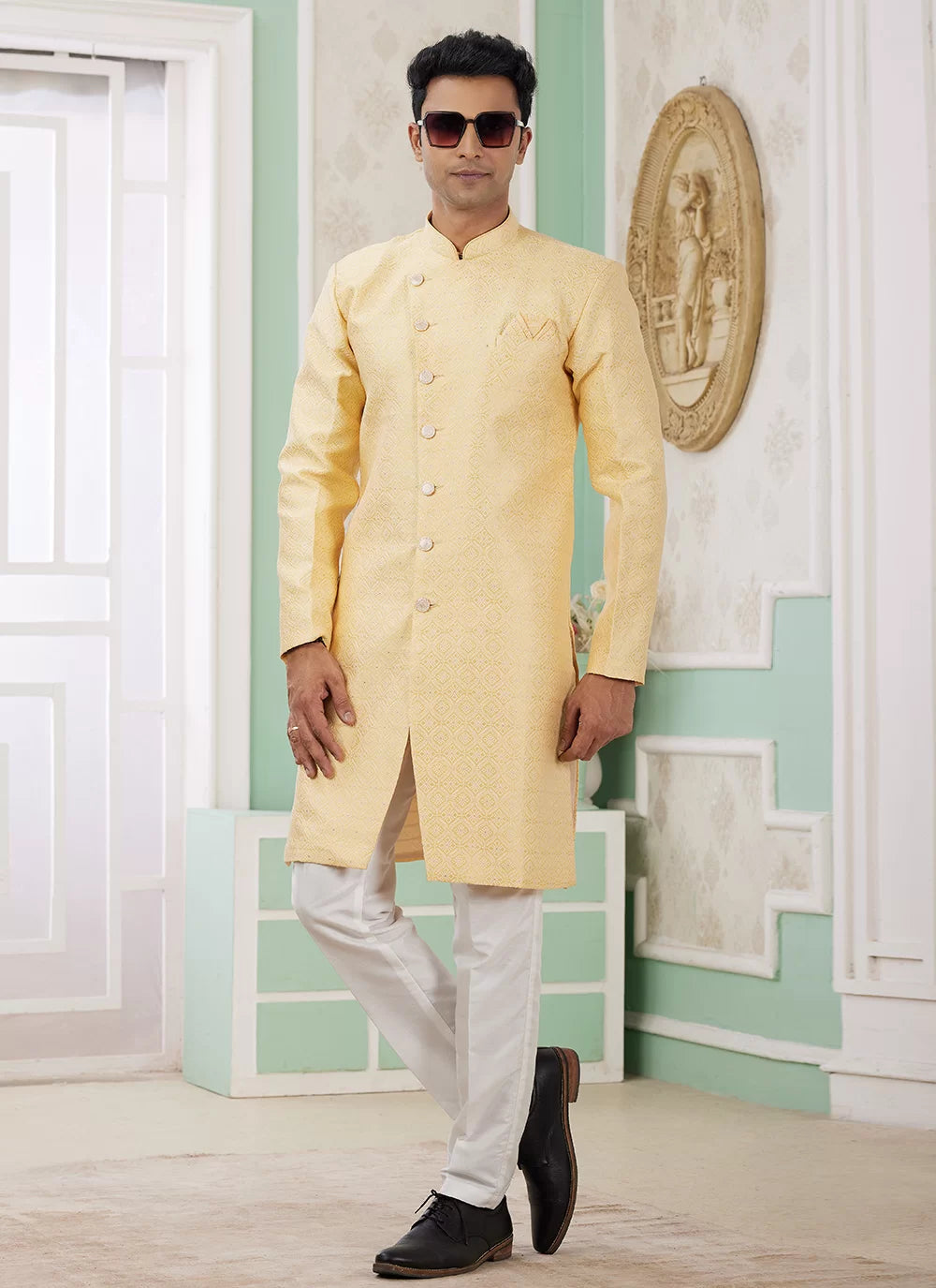 Raivat Ethnic Banarasi Jacquard Embroidery Indo Western Sherwani In Yellow Colour