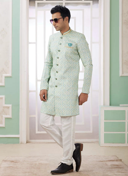 Raivat Ethnic Banarasi Jacquard Embroidery Indo Western Sherwani In Green Colour
