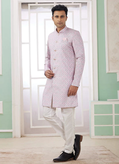 Raivat Ethnic Banarasi Jacquard Embroidery Indo Western Sherwani In Pink Colour