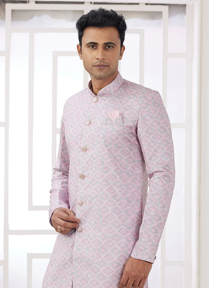 Raivat Ethnic Banarasi Jacquard Embroidery Indo Western Sherwani In Pink Colour