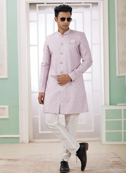 Raivat Ethnic Banarasi Jacquard Embroidery Indo Western Sherwani In Pink Colour