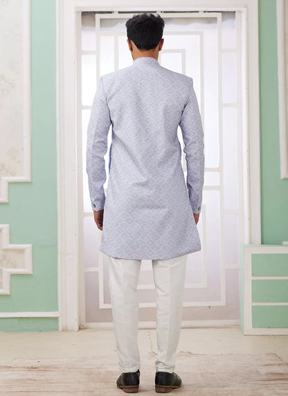 Raivat Ethnic Banarasi Jacquard Embroidery Indo Western Sherwani In Blue Colour