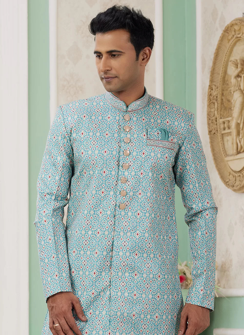 Raivat Ethnic Banarasi Jacquard Embroidery Indo Western Sherwani In Green Colour