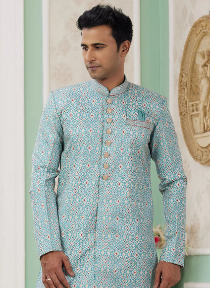 Raivat Ethnic Banarasi Jacquard Embroidery Indo Western Sherwani In Green Colour