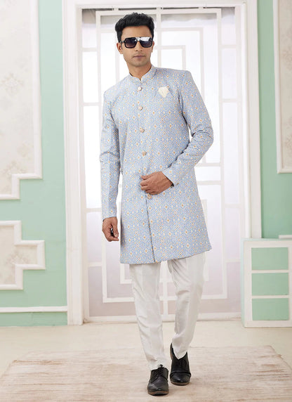 Raivat Ethnic Banarasi Jacquard Embroidery Indo Western Sherwani In Blue Colour