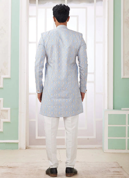 Raivat Ethnic Banarasi Jacquard Embroidery Indo Western Sherwani In Blue Colour