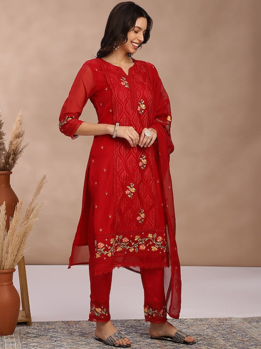 Fabmora Women Embroidered Regular Thread Work Kurta with Trousers & With Dupatta