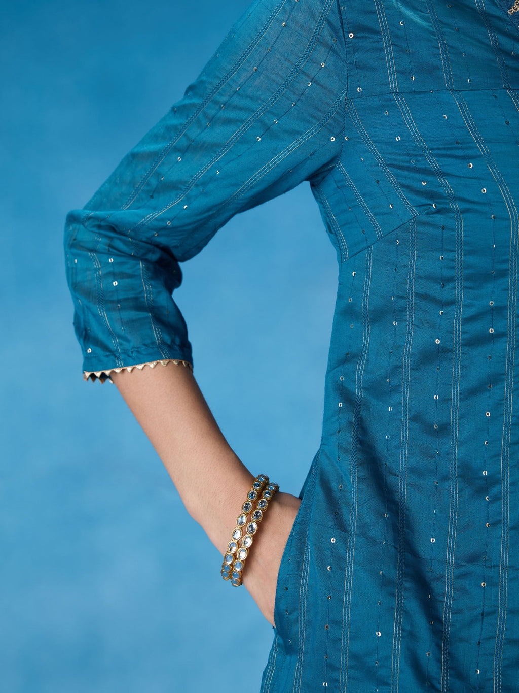 Likha Teal Rangbahar Lurex Chanderi with Sequence Co-ord Set LIKSKD266 (Set of 2)