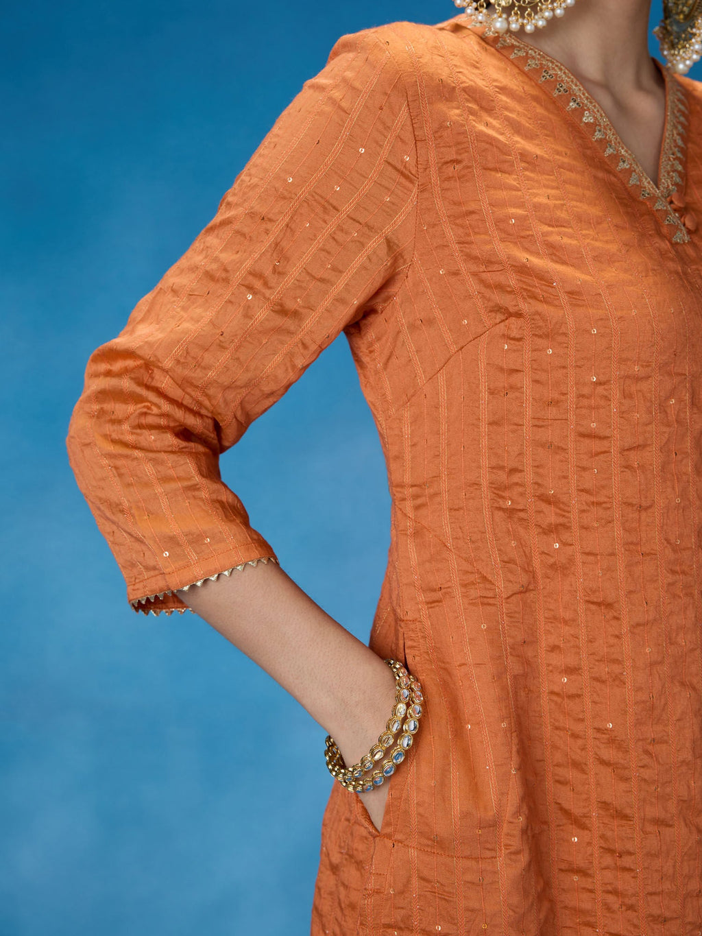 Likha Rust Rangbahar Lurex Chanderi with Sequence Co-ord Set LIKSKD266 (Set of 2)
