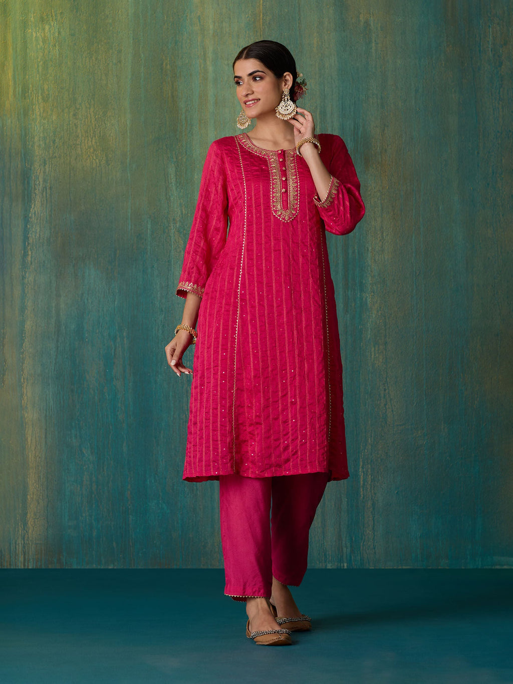Likha Fuschia Rangbahar Sequence Chanderi Kurta Pant and Dupatta LIKSKD267 (Set of 3)