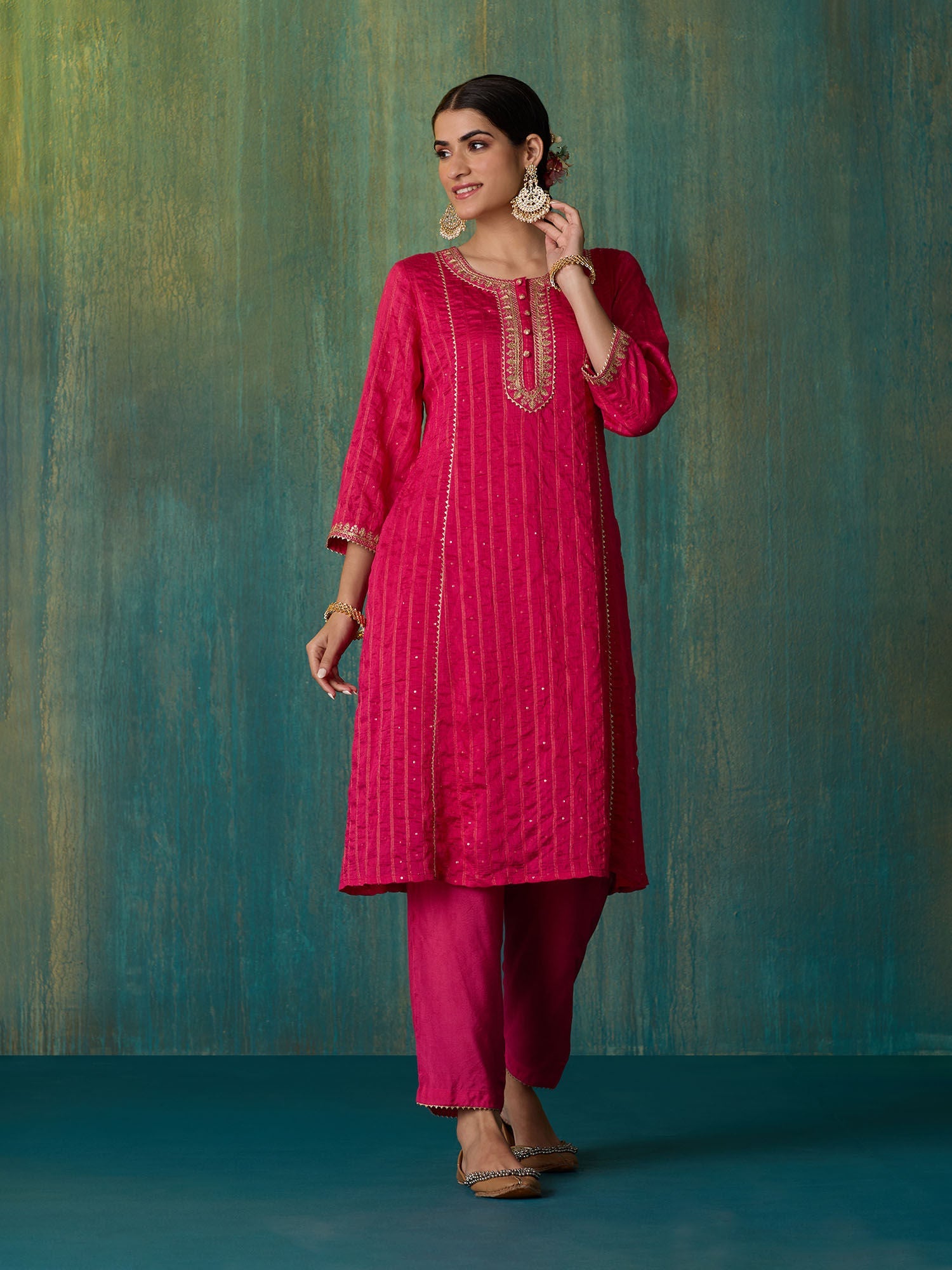 Likha Fuschia Rangbahar Sequence Chanderi Kurta Pant and Dupatta LIKSKD267 (Set of 3)