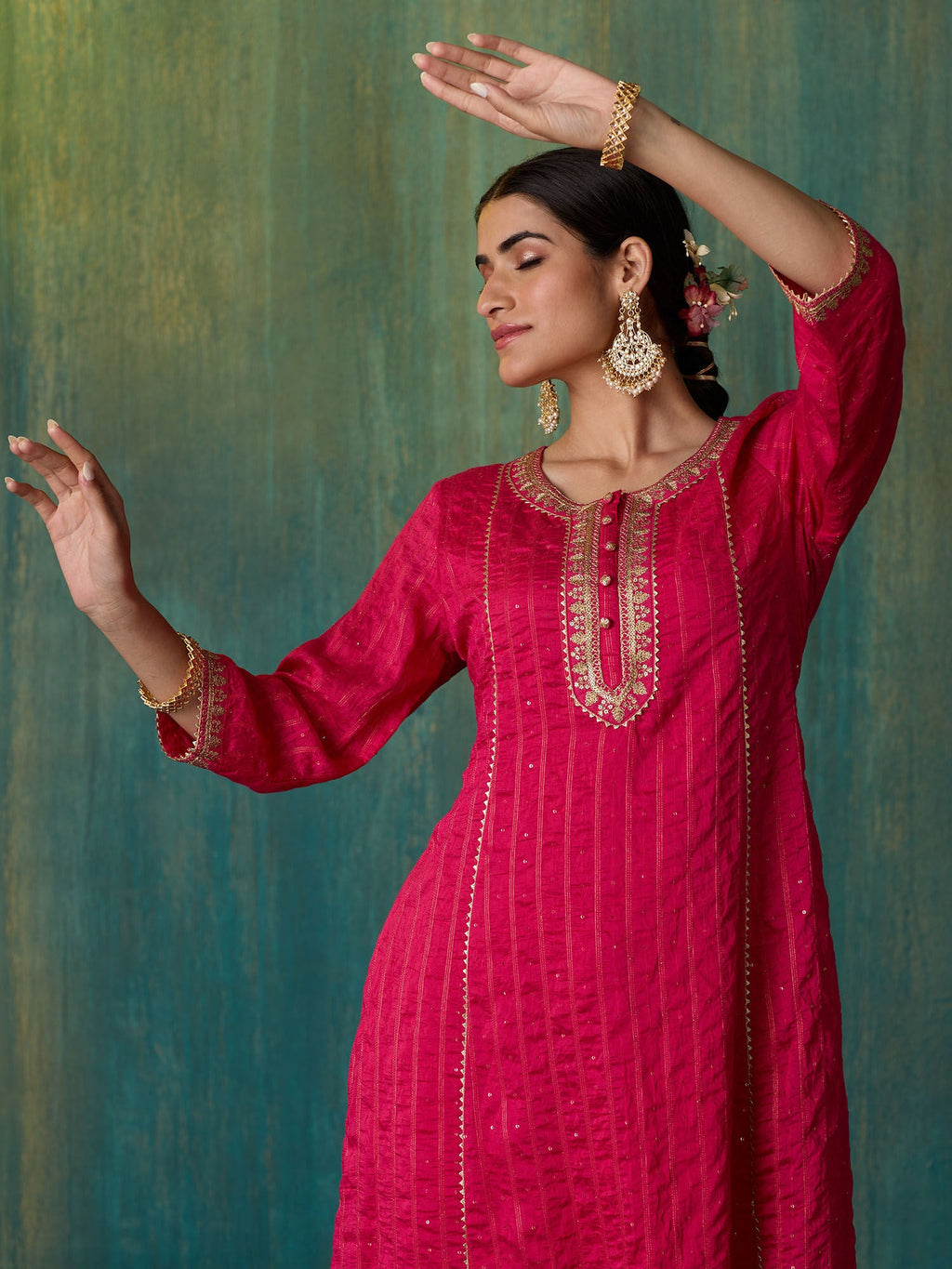 Likha Fuschia Rangbahar Sequence Chanderi Kurta Pant and Dupatta LIKSKD267 (Set of 3)