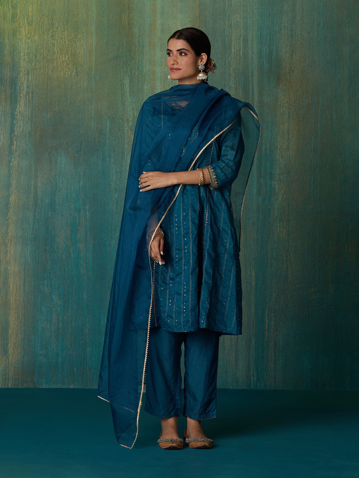 Likha Teal Rangbahar Sequence and Chanderi Kurta Pant and Dupatta LIKSKD267 (Set of 3)