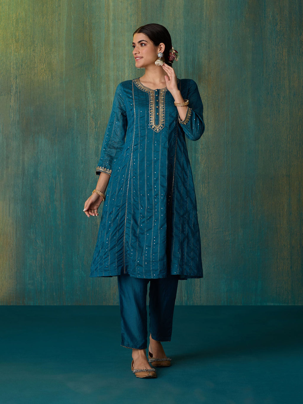 Likha Teal Rangbahar Sequence and Chanderi Kurta Pant and Dupatta LIKSKD267 (Set of 3)