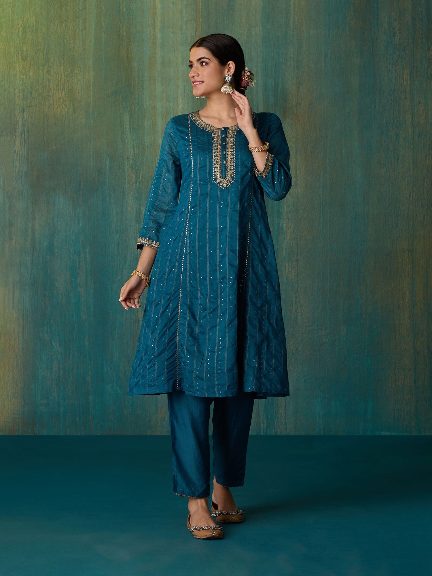 Likha Teal Rangbahar Sequence and Chanderi Kurta Pant and Dupatta LIKSKD267 (Set of 3)