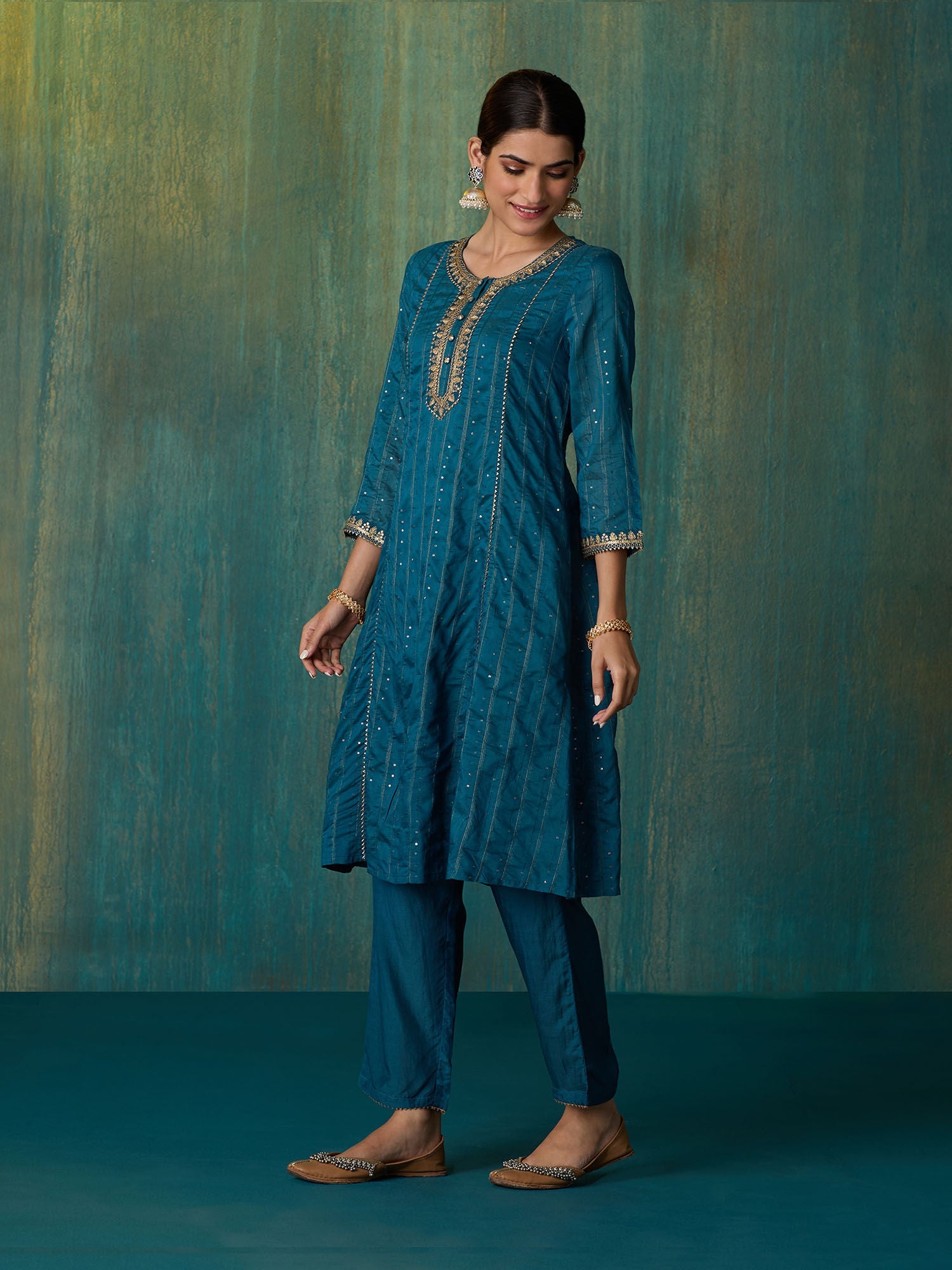 Likha Teal Rangbahar Sequence and Chanderi Kurta Pant and Dupatta LIKSKD267 (Set of 3)