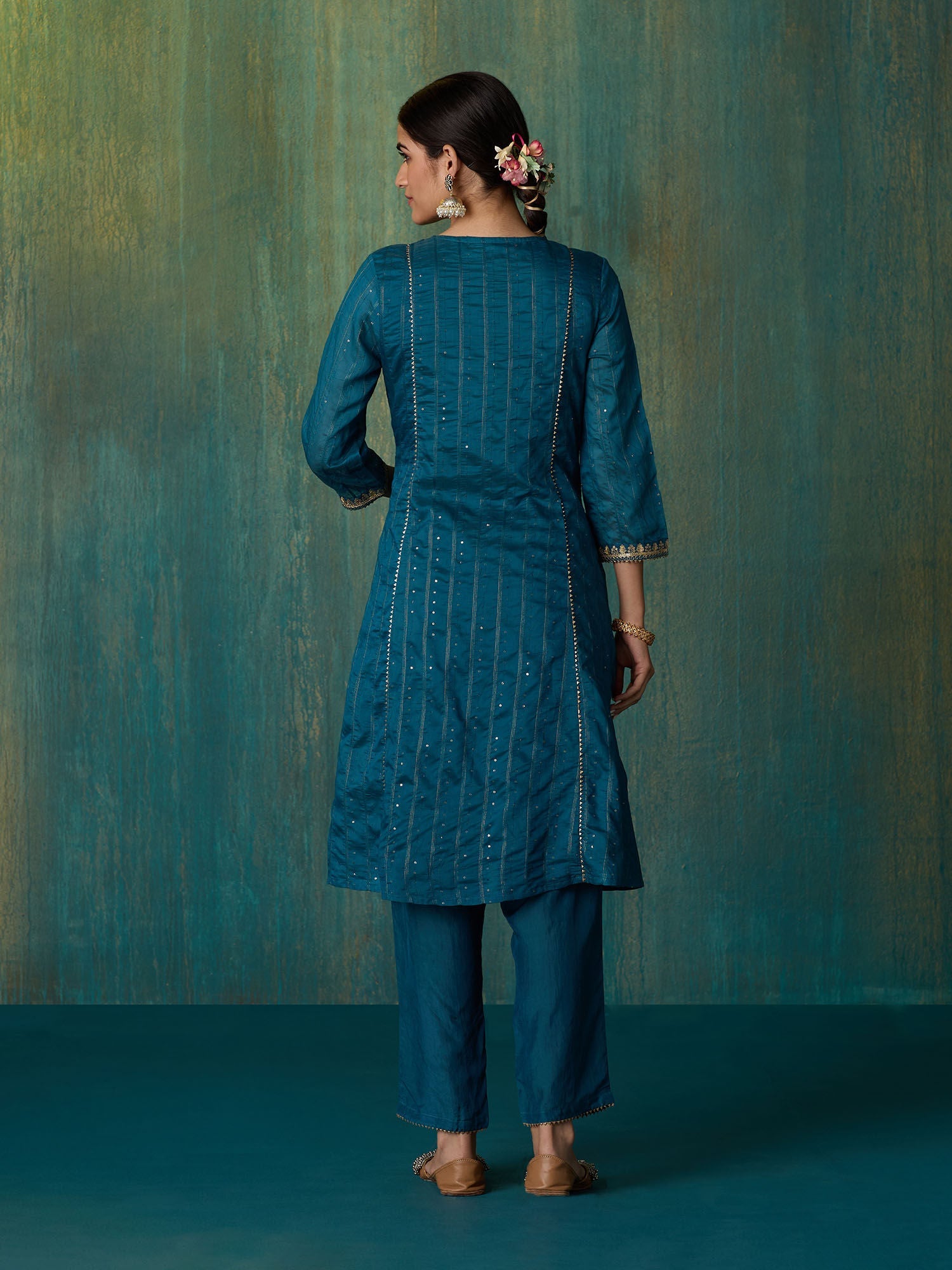 Likha Teal Rangbahar Sequence and Chanderi Kurta Pant and Dupatta LIKSKD267 (Set of 3)