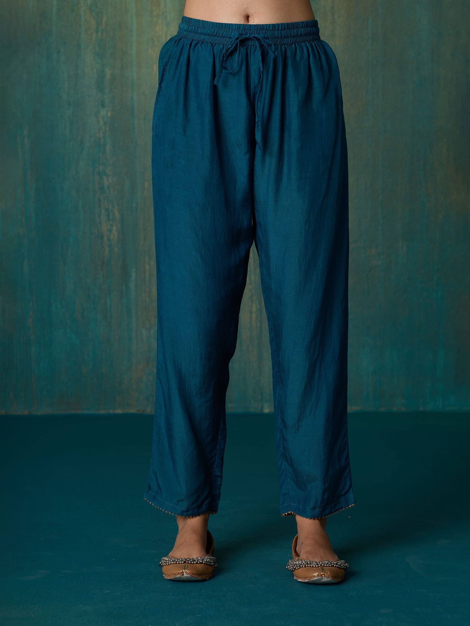 Likha Teal Rangbahar Sequence and Chanderi Kurta Pant and Dupatta LIKSKD267 (Set of 3)