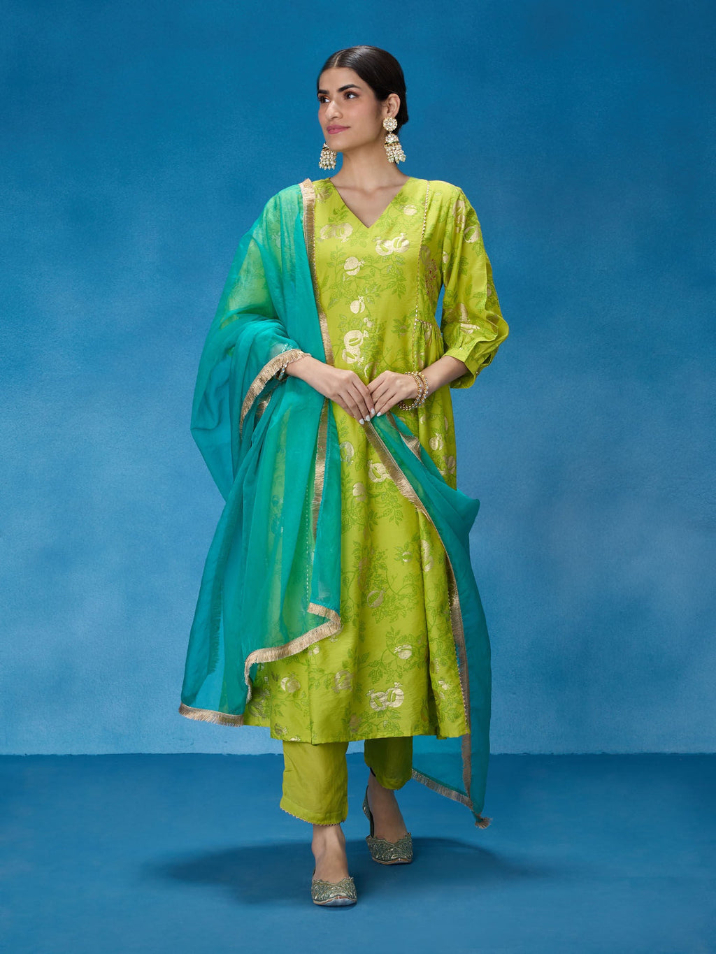 Likha Lime Green Rangbahar Foil Printed Kurta Pant and Dupatta LIKSKD270 (Set of 3)