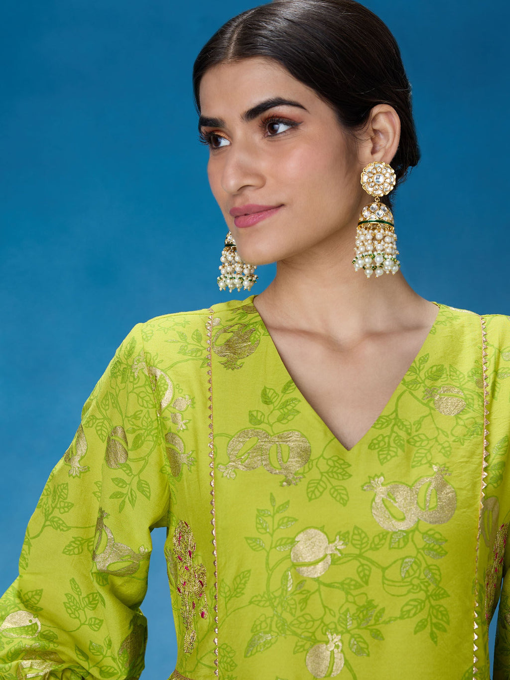 Likha Lime Green Rangbahar Foil Printed Kurta Pant and Dupatta LIKSKD270 (Set of 3)