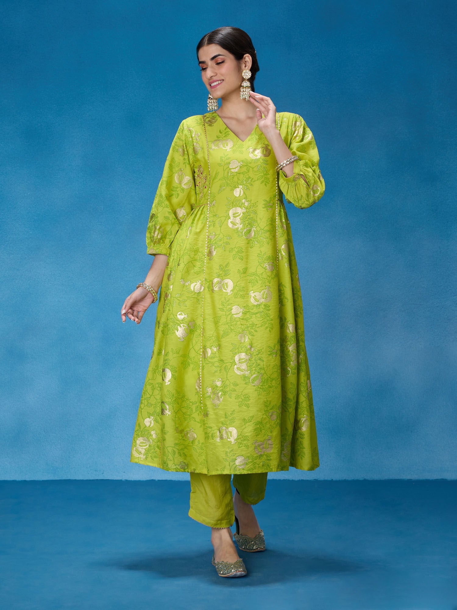 Likha Lime Green Rangbahar Foil Printed Kurta Pant and Dupatta LIKSKD270 (Set of 3)
