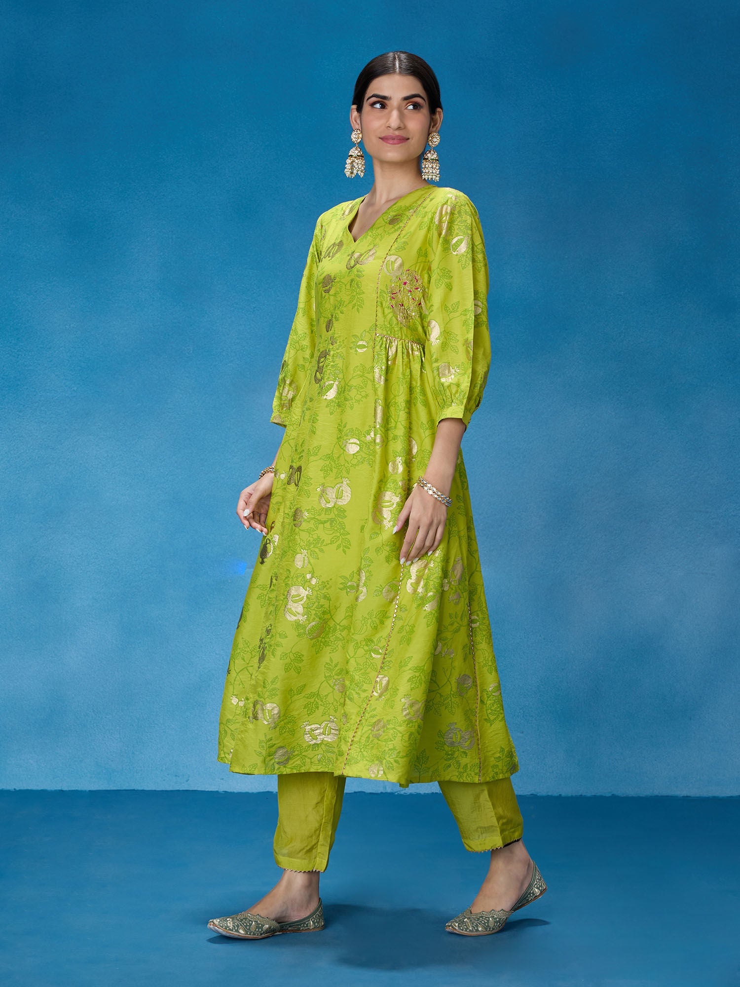 Likha Lime Green Rangbahar Foil Printed Kurta Pant and Dupatta LIKSKD270 (Set of 3)