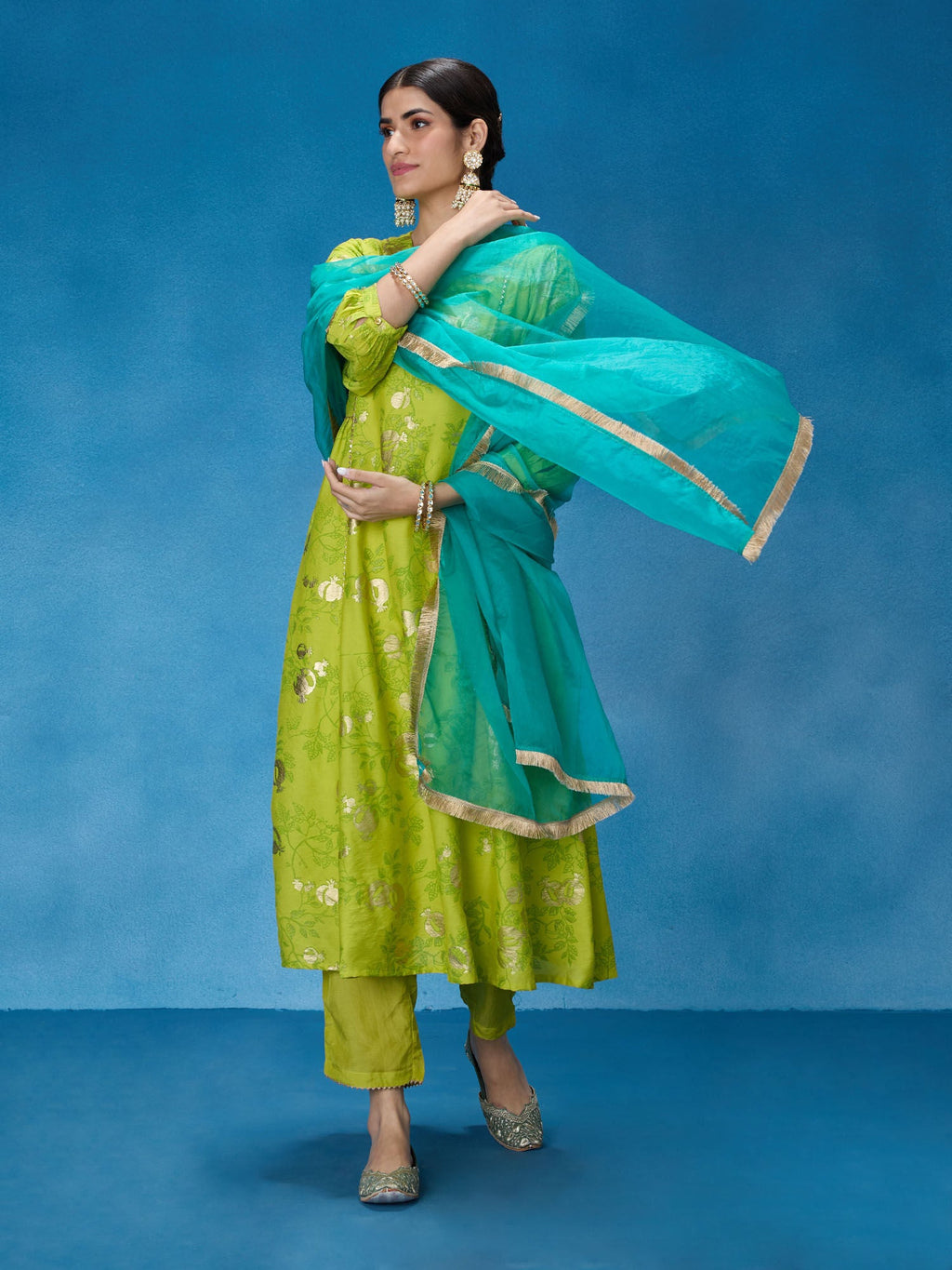 Likha Lime Green Rangbahar Foil Printed Kurta Pant and Dupatta LIKSKD270 (Set of 3)