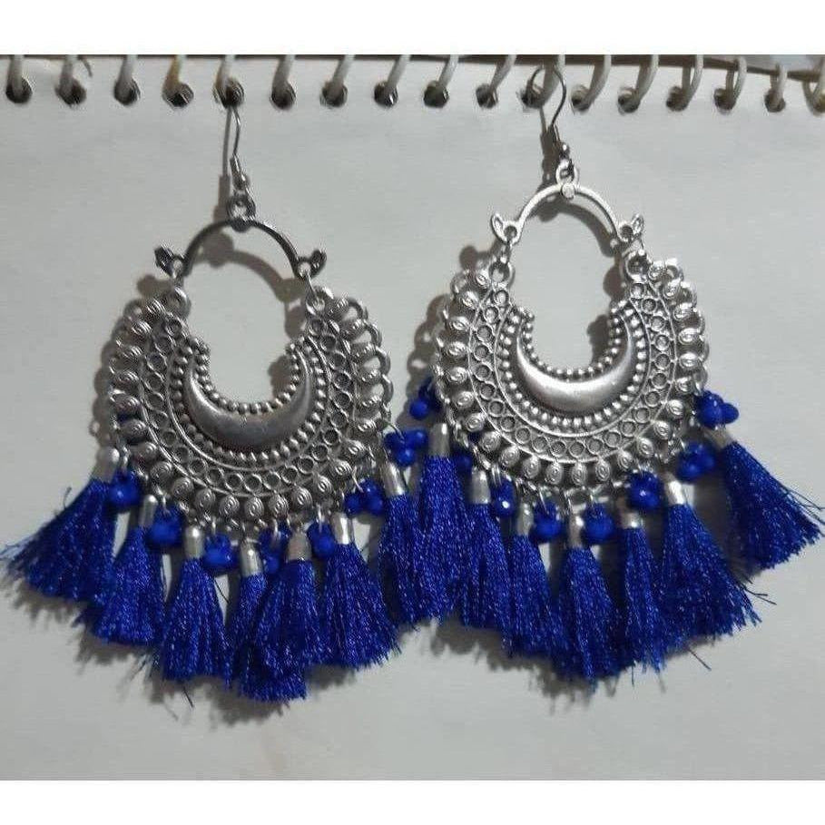 MS Fashion India Half Moon Silver Oxidized Earrings With Blue Color Silk Threads