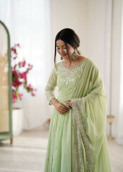 Teeya Creation Pista Color Faux georgette Embroidery Work Wedding Wear Gown