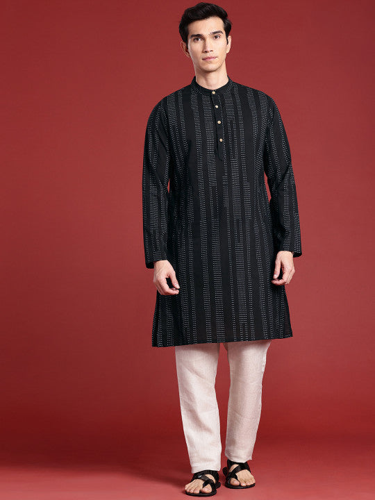 Anouk Men Polka Dot Printed Pure Cotton Kurta Colour Black And Grey