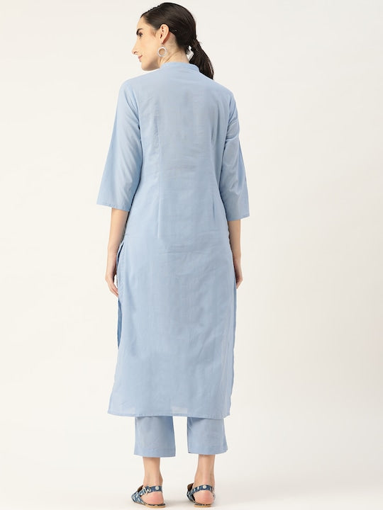 Anouk Women Blue Ethnic Motifs Embroidered Panelled Pure Cotton Kurta with Trousers