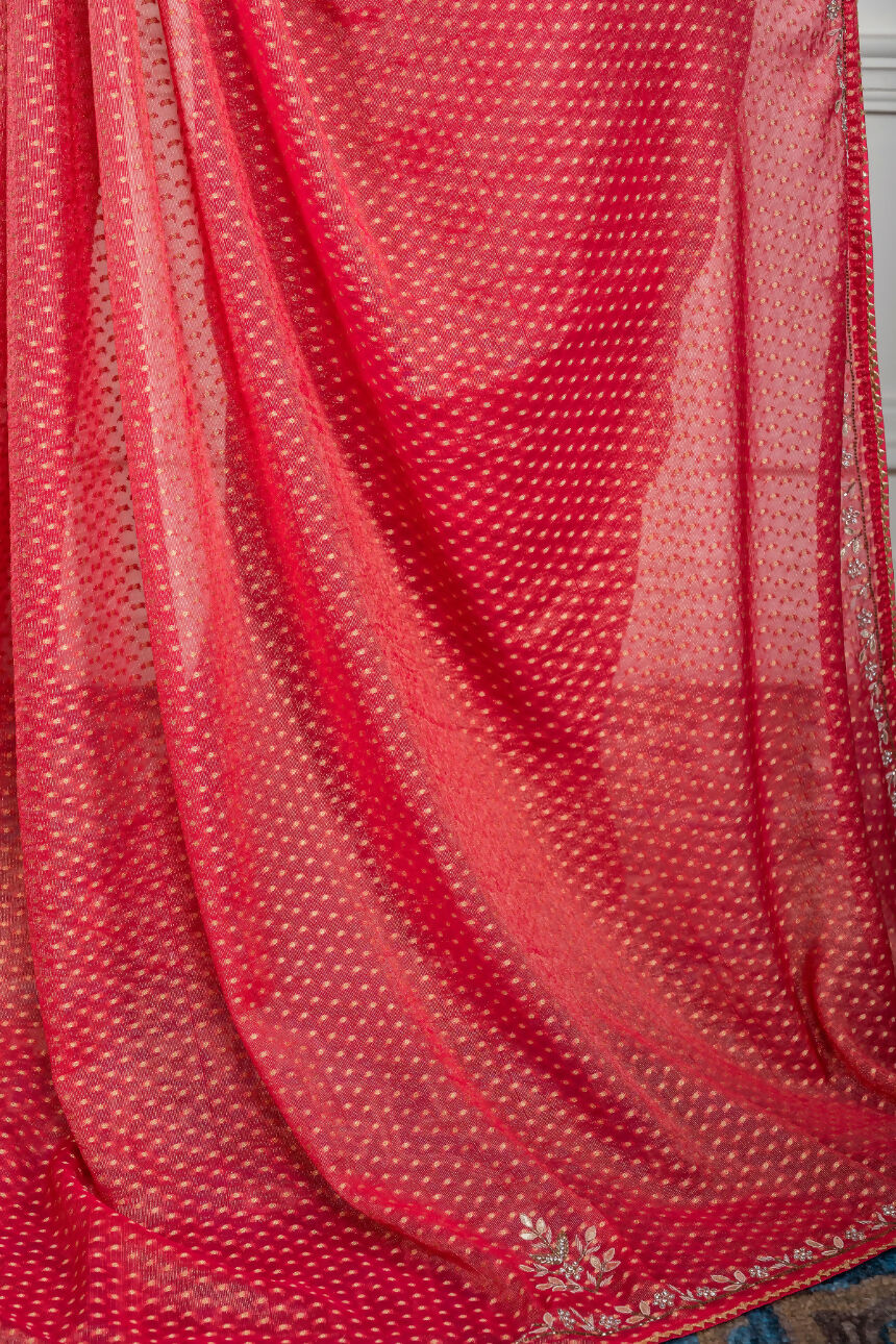Morchari Pink Pure Chiffon Hand Embroidery Saree And Stitched Blouse