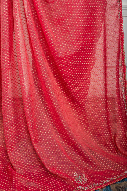 Morchari Pink Pure Chiffon Hand Embroidery Saree And Stitched Blouse