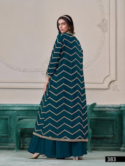 Anaita Teal Chinon Designer Stitched Indo Western