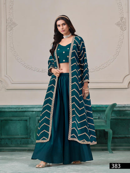 Anaita Teal Chinon Designer Stitched Indo Western
