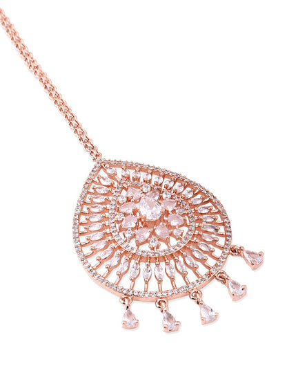 Yellow Chimes Rose Gold-Polished Ad Stone-Studded Maang Tikka