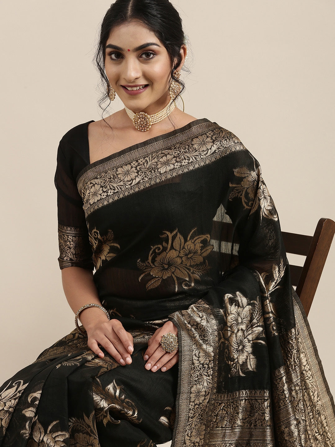 Saree Mall Black Floral Linen Blend Banarasi Saree
