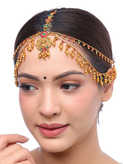 Yellow Chimes Gold-Polished Pink & Green Stone Studded Ghungroo Beaded Mathapatti