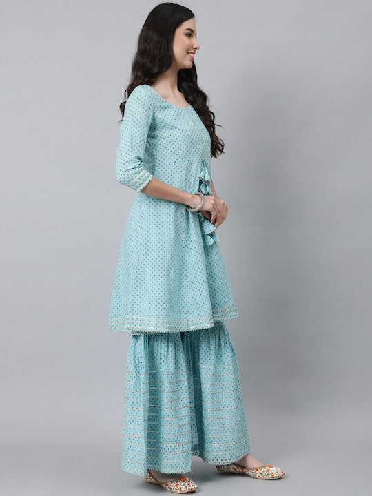 Anubhutee Women Blue Empire Pure Cotton Kurta with Sharara & With Dupatta